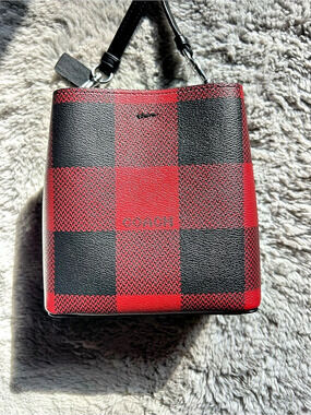 Coach Mini Town Bucket Bag With Buffalo Plaid Print Red & Black, NEW WITH TAGS